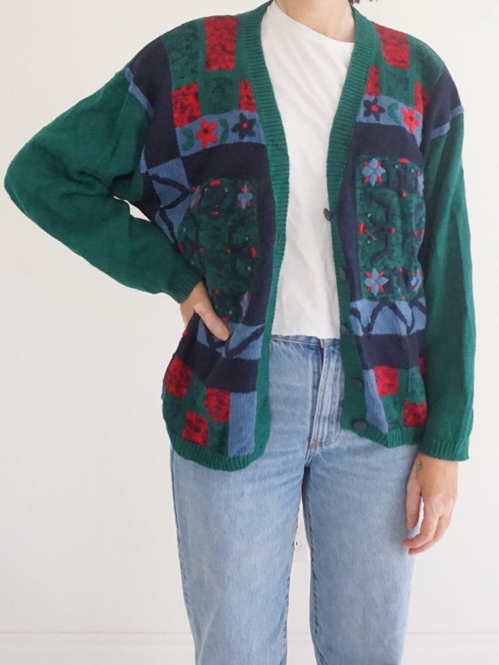 Vintage Christopher & Banks Green Floral Garden Cottage Button Front Cardigan L